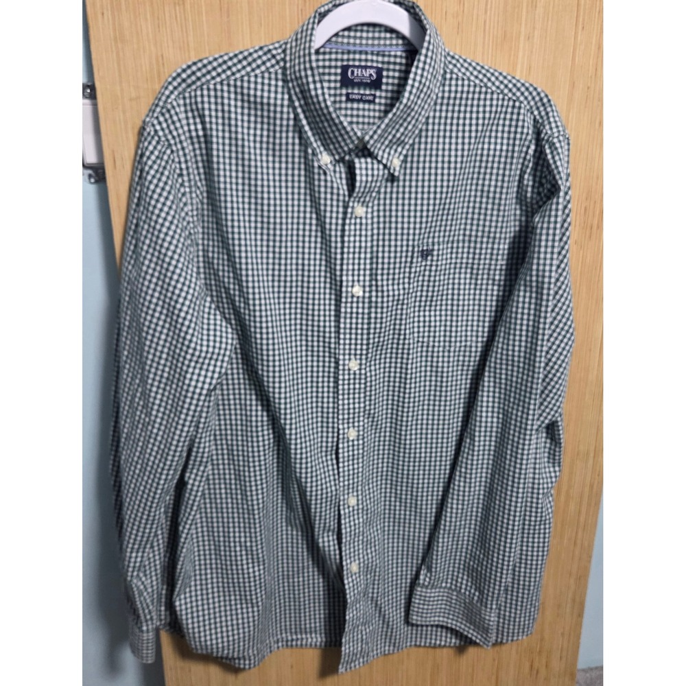 Chaps Mens XL Green Gingham Easy Care Button Down Shirt Long Sleeve Pocket